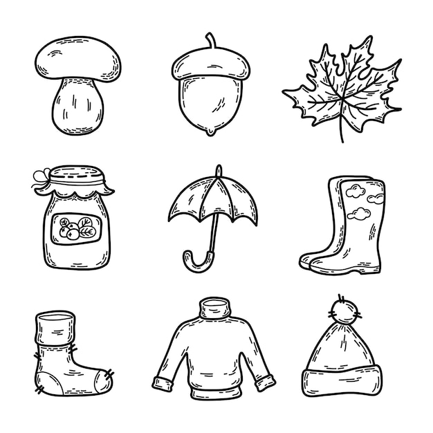 Autumn symbols. set of elements mushroom, acorn, leaf, jam, umbrella, warm clothes. doodle style