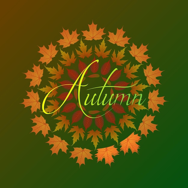 Autumn text with leaves in circular artform premium vector illustration