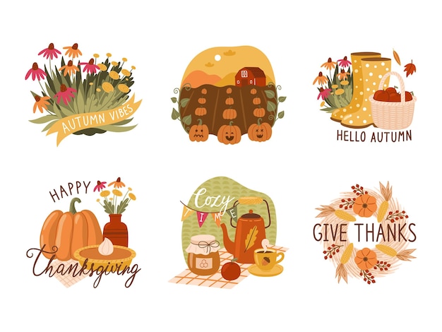 Vector autumn and thanksgiving vector hand drawn clipart set for greeting cards and stickers