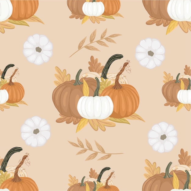 Autumn theme seamless pattern with pumpkins and mushrooms. Vector art