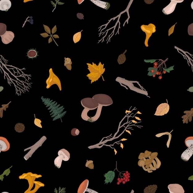 Tema autunnale vettore modello senza giunture ornamento di funghi foglie cadute rami nudi bacche ramoscelli design in stile cartoon per l'arredamento della carta da parati di sfondo