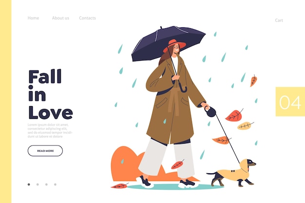 Autumn time to fall in love concept of landing page with woman walking with dog under umbrella in rain under umbrella. Cartoon female character on walk in autumn park. Flat vector illustration