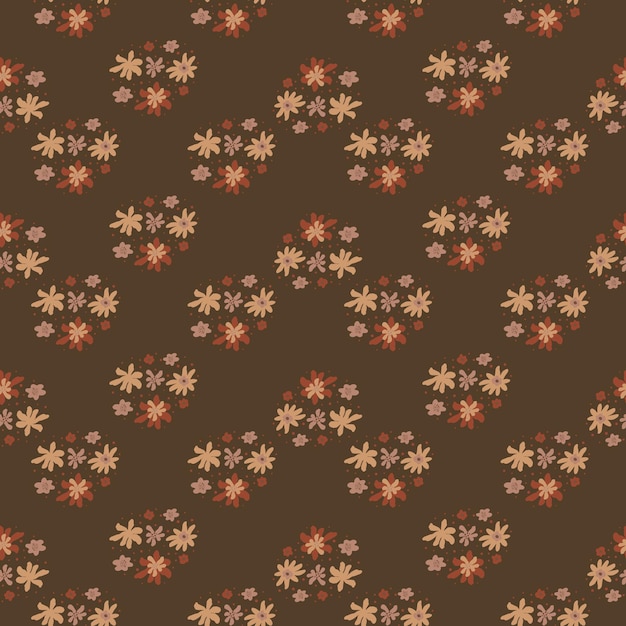 Autumn tones seamless pattern with cartoon flower ornament print. brown background.