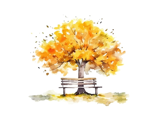 Autumn tree with bench watercolor Vector illustration design