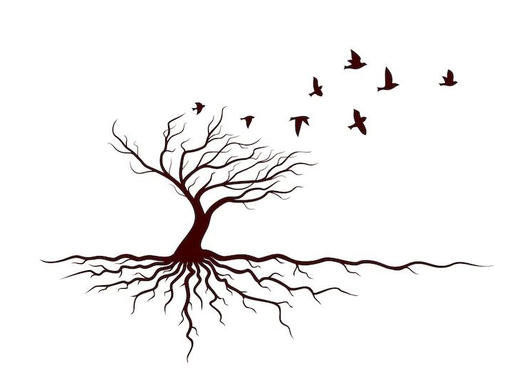 Vector autumn tree with roots and flying birds