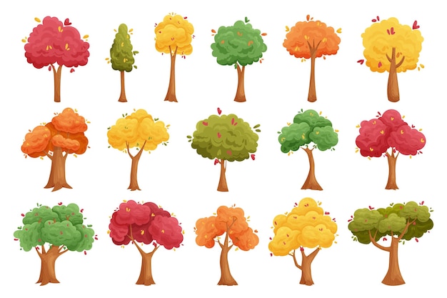 Осенние деревья мультфильм лесная растительность сад и парк сезон желтые и красные деревья векторный изолированный набор