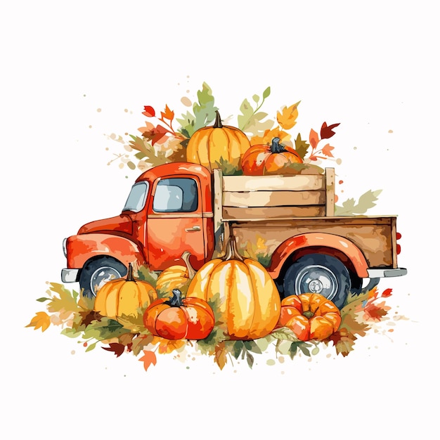 Autunno camion zucca acquerello clipart su sfondo bianco