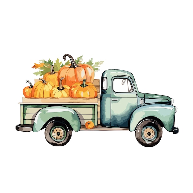 Autumn truck pumpkin watercolor clipart On White Background