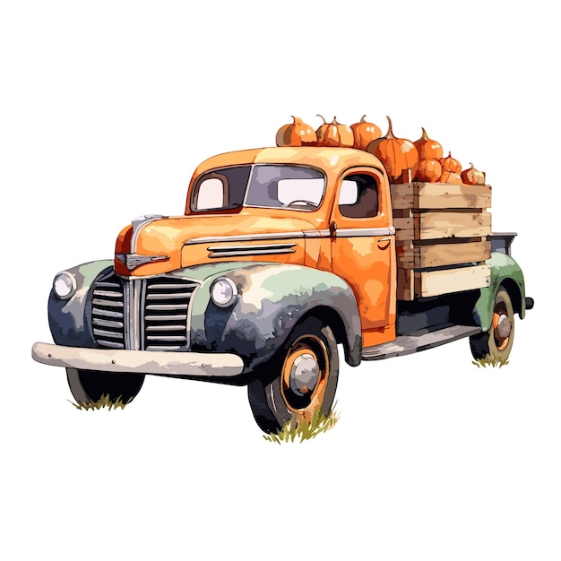 Autumn truck pumpkin watercolor clipart On White Background