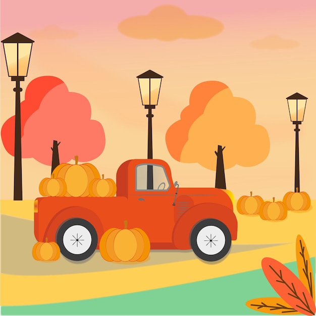 Autumn, truck, pumpkins, sunset, lanterns, trees