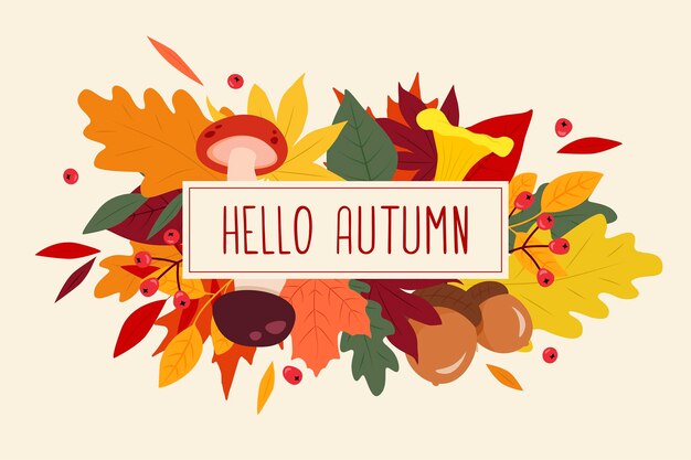 autumn vector background with colorful leaves, berries and mushrooms