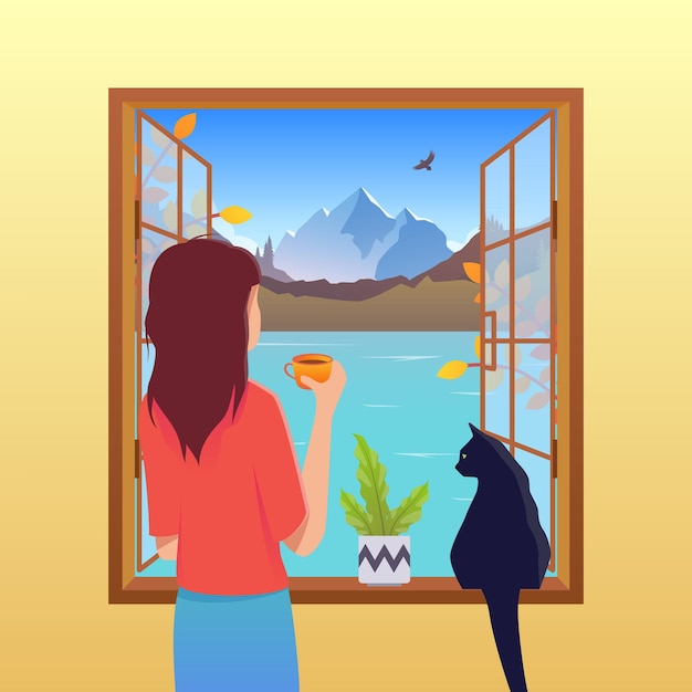 Vettore concetto di vettore di autunno. ragazza e gatto che guardano fuori dalla finestra. pennelli arancio rosso, natura autunnale e giovane donna