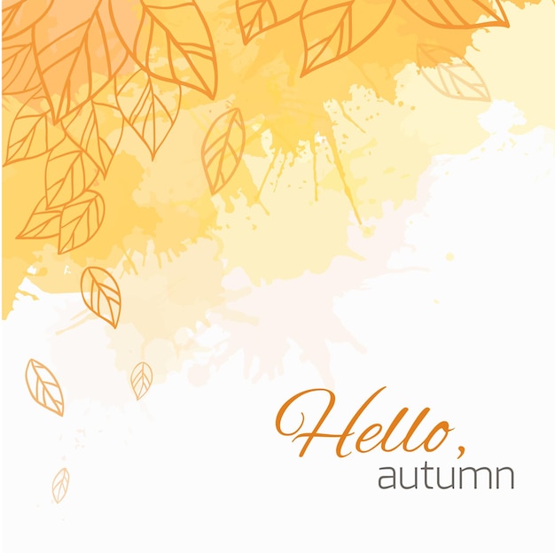 Autumn vector cover  with doodle leaves, yellow blobs and text. hello, autumn