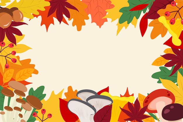 Вектор Осенняя векторная рамка с разноцветными листьями, ягодами и грибами