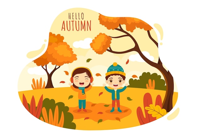 Vector autumn vector illustration kids panoramic of mountains and maple trees fallen with yellow foliage