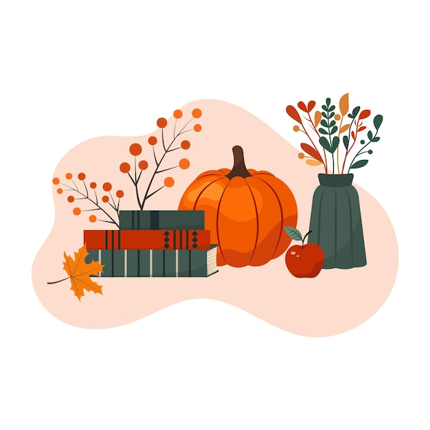 autumn vector illustration with pumpkin vase apple books and autumn leaves and flowers