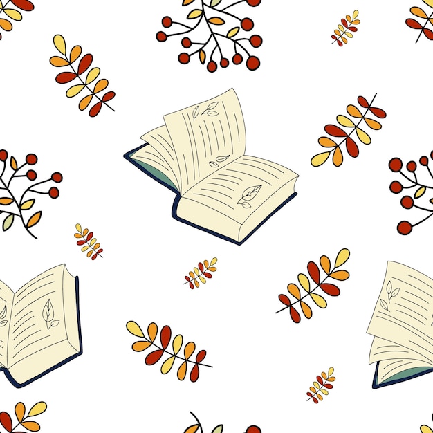 Foglie e libri senza cuciture del modello infinito di vettore di autunno su una priorità bassa bianca