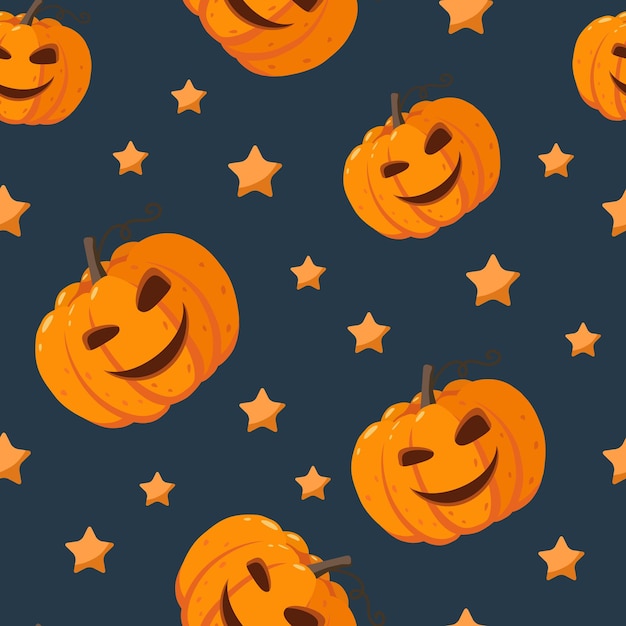 Осенний вектор бесшовный узор с милой тыквой хэллоуина и звездами на темно-синем фоне.