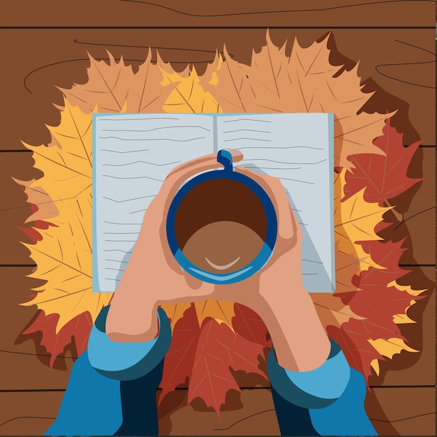 Vector autumn vibe book coffee and leaf