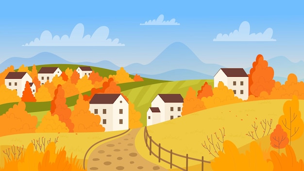 Vector autumn village in sunny day road to farm houses farmland field trees and buildings