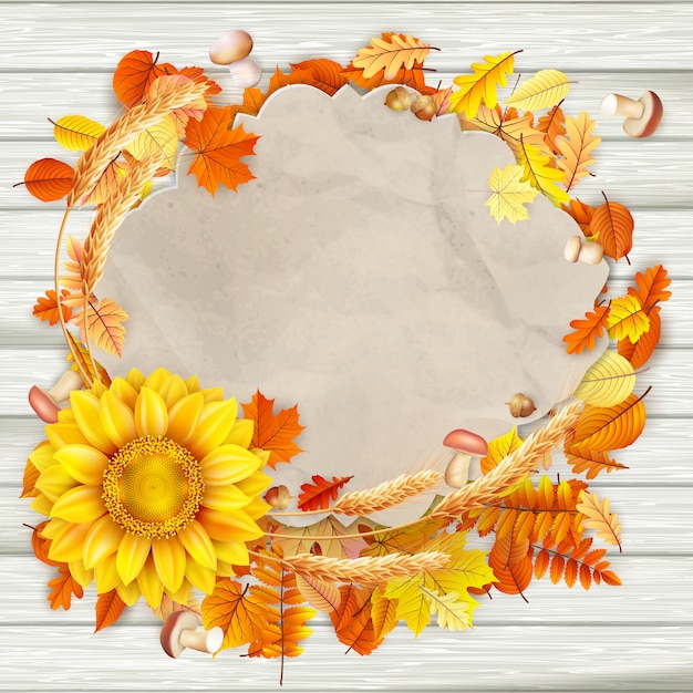 Autumn vintage greeting card on colorful leaves background copy space.