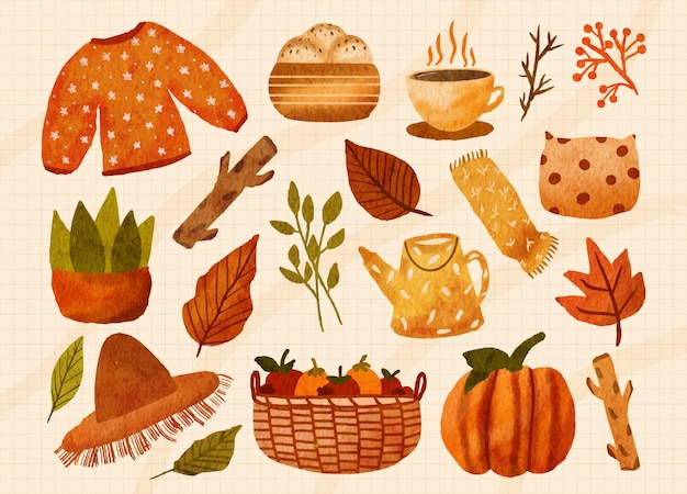 Vector autumn watercolor elements set sweater breads coffee potted plant leaves pillow apple pumpkin