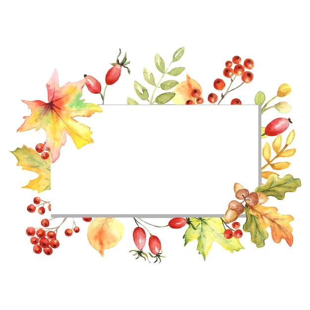 Autumn watercolor frame with leaves and rowan berries.