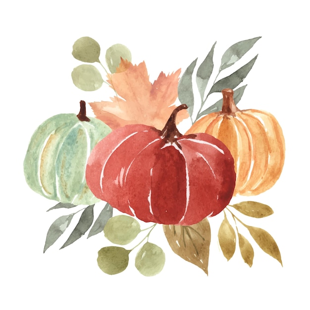 Autumn watercolor illustration with pumpkin