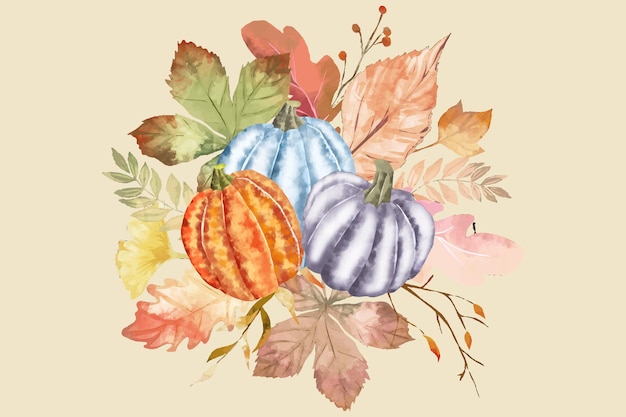 Autumn watercolor leaves pumpkin