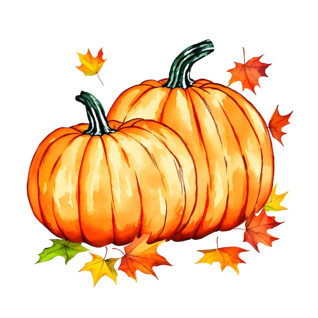 Autumn watercolor orange pumpkin and different autumn leaves on a white background vector