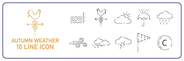 Autumn weather line icon set meteorology vector cloud weather vane rooster windsock celsius flood and overflow umbrella or rain lightning