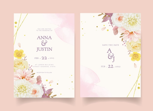 Autumn wedding invitation of watercolor dahlia and roses