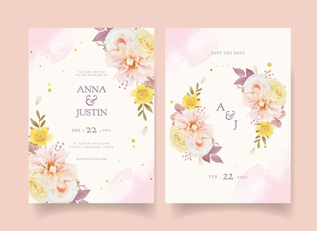 Autumn wedding invitation of watercolor dahlia and roses