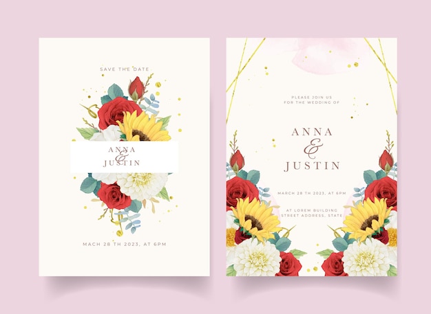 Autumn wedding invitation of watercolor sunflower dahlia and roses