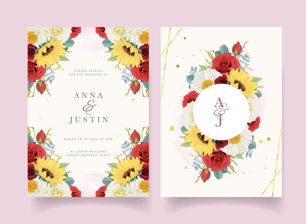 Autumn wedding invitation of watercolor sunflower dahlia and roses