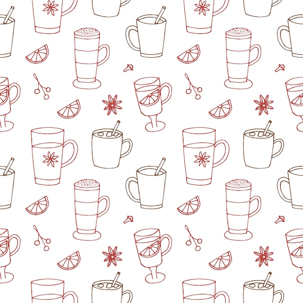 Autumn and winter cozy drinks seamless pattern vector illustration hand drawing doodles