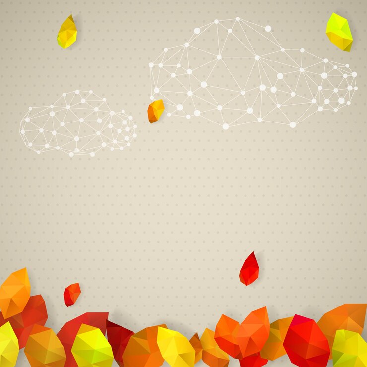 Vector autumn with dots, leaves in low-poly triangular style and clouds made of dots and lines