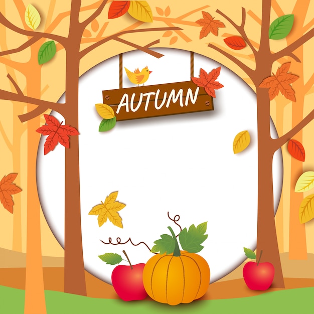 Осень с тыквой и яблоком с кругом на фоне листьев и деревьев.