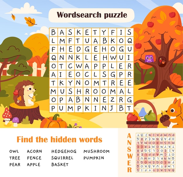 Vector autumn wordsearch puzzle vector