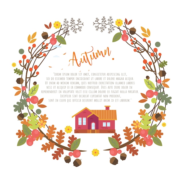 Autumn wreath leaves and flower ribbon