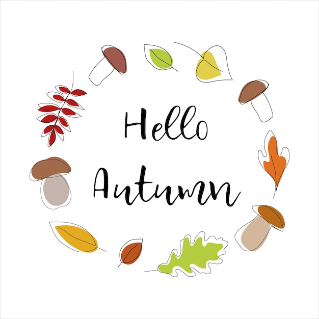 Осенний венок из листьев и грибов с надписью Hello Autumn. Векторная иллюстрация