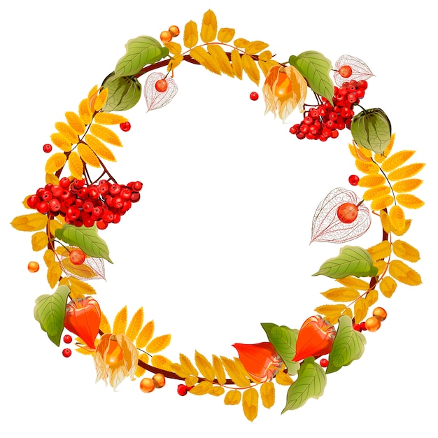 Autumn wreath of physalis and mountain ash. isolated image.