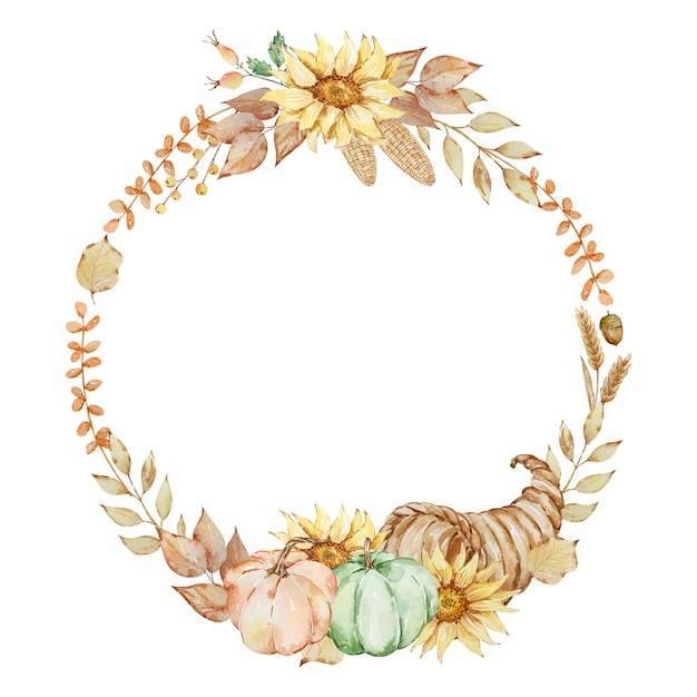 Autumn wreath of watercolor cornucopia and pumpkin