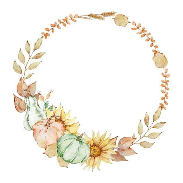 Autumn wreath of watercolor pumpkins and sunflowers