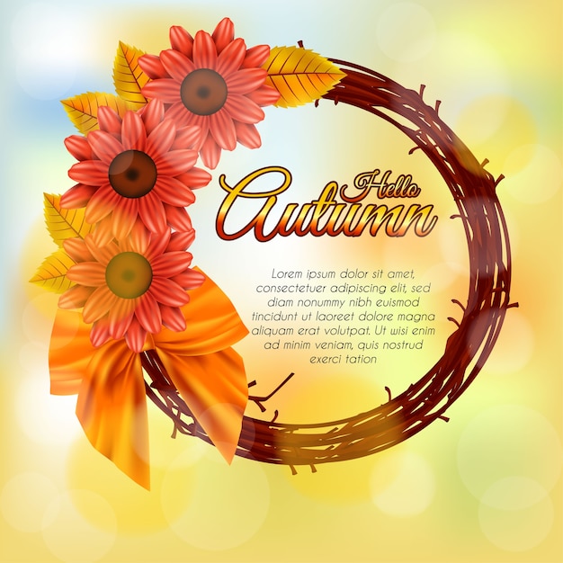 Autumn wreath with flowers and ribbons