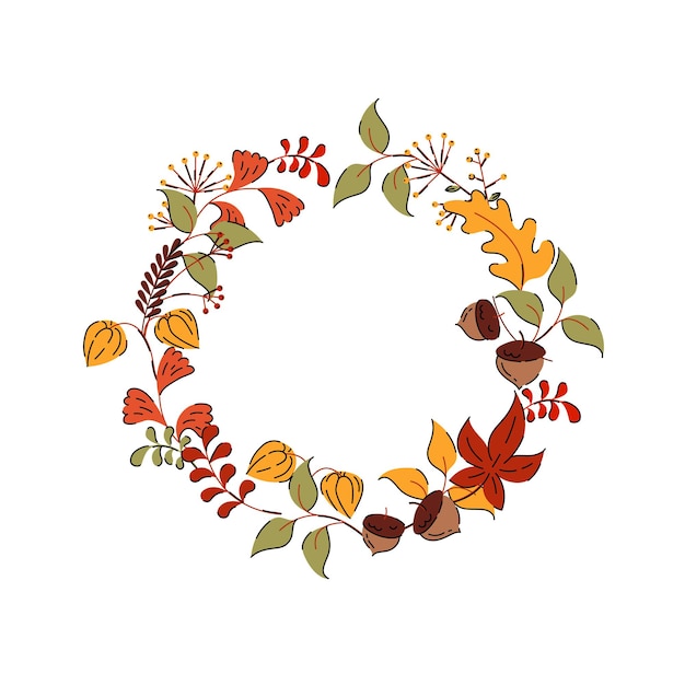 Autumn wreath with leaves and flowers in hand drawn style