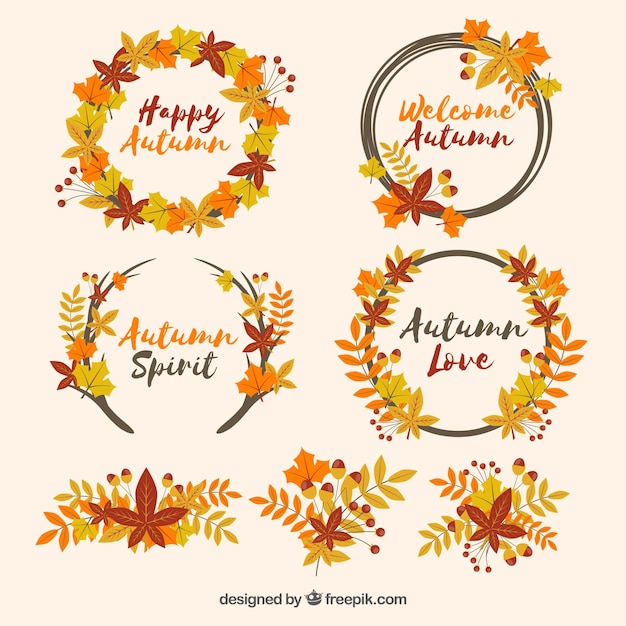 Vector autumn wreaths and leaves in an ochre colour spectrum