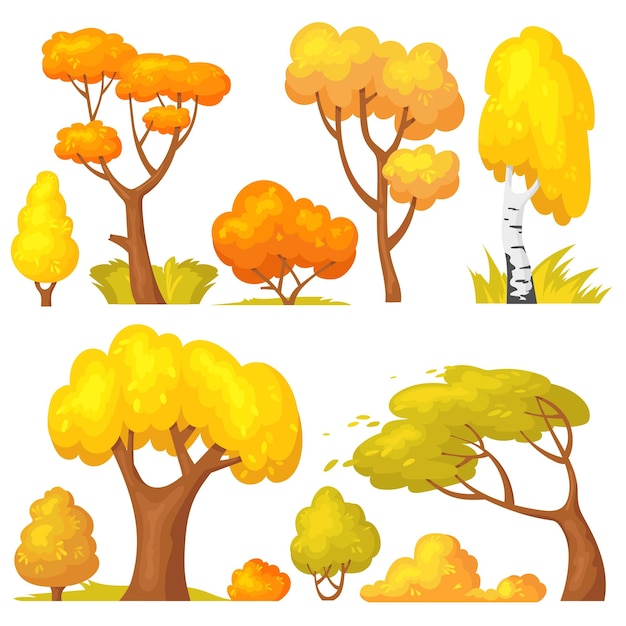 Vector autumn yellow bush cartoon seasons garden and forest trees in fall season orange leaves gold hedge foliage maple leaves isolated neat vector illustration