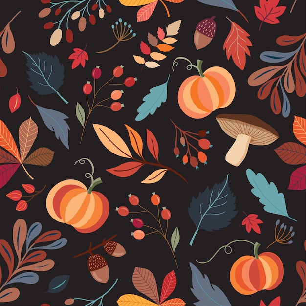 Autumnal seamless pattern with hand drawn decorative elements on black background
