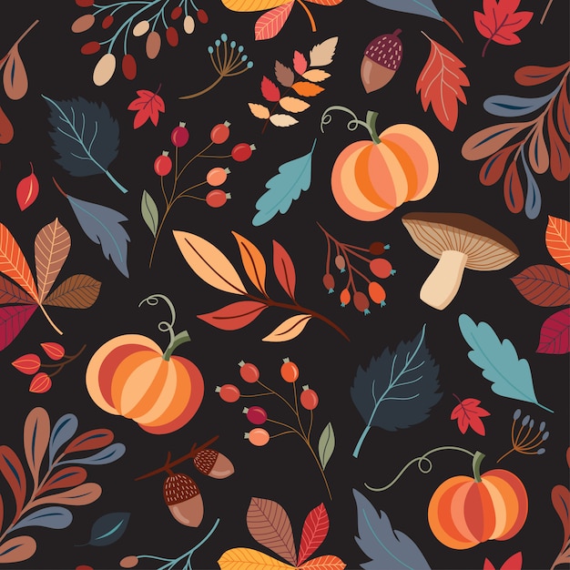 Modello senza cuciture autunnale con elementi decorativi disegnati a mano su fondo nero